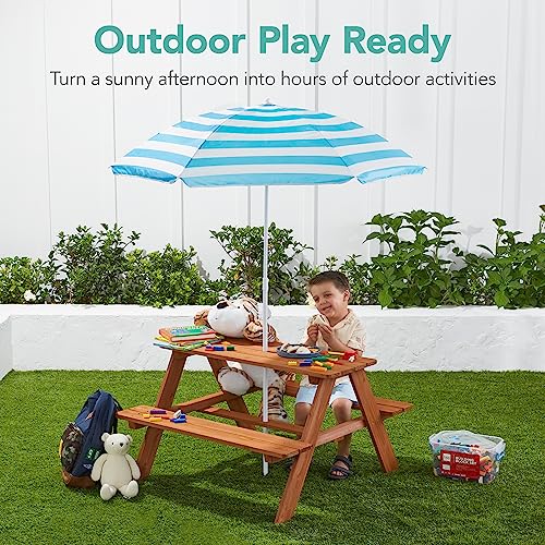 Best Choice Products Wooden Kids Picnic Table with Umbrella, Outdoor Activity Table Set with Built-in Benches, 220 lb Capacity per Bench - Golden Brown/Aqua - color: Golden Brown/Aqua