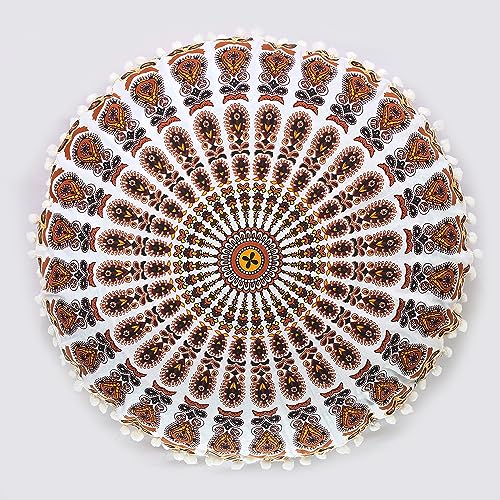 Indian Consigners Floor Cushion Covers 22" Round Mandala Ombre Zipped Ottoman Cover - color: Yellow-brown