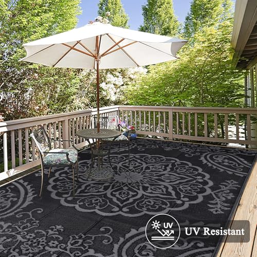 Pauwer Waterproof Outdoor Rug 6x9, Reversible Plastic Straw Patio Camping Rug, Indoor Outdoor RV Mat Carpet for Deck, Camper, Porch, Balcony, Backyard, Picnic, Boho Black Grey - color: Boho Black Grey, size: 6' x 9' (Rectangular)