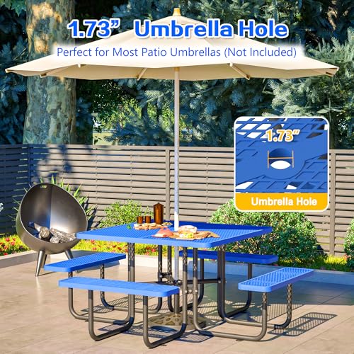 46" Square Metal Picnic Tables for Outdoors with Umbrella Hole - Coated Steel Heavy Duty Commercial Grade Table with Seats, Patio Furniture Set for a Lifetime, Blue - color: Blue-square