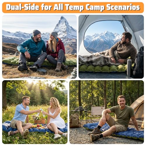 4" Thick Double-Sided Camping Sleeping Pad | Warm Velvet Top, Waterproof Nylon Bottom | Inflatable Mattress for Backpacking & Cold Weather - color: Crystal Velvet Green+blue Nylon