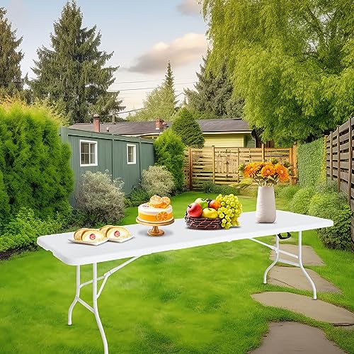 Portable Plastic Folding Table 4ft/6ft/8ft Heavy Duty White Black Picnic Dining Table Fold-in-Half for Camp Party Kitchen Indoor Outdoor - color: White, size: 8FT, style: Flat Desktop