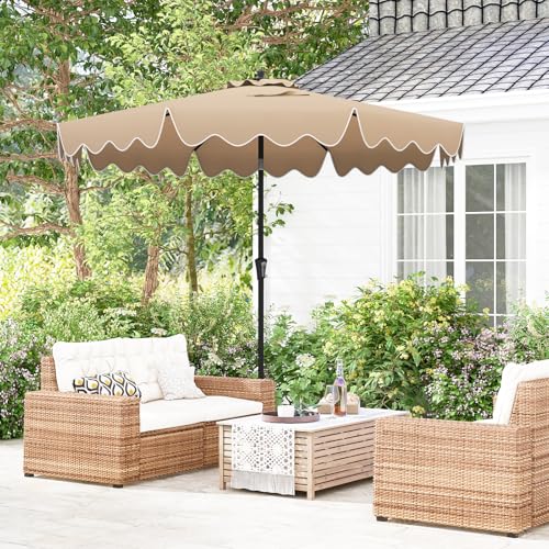 Tangkula 9Ft Patio Umbrella with Crank, 2-Tier Outdoor Umbrella with Push Button Tilt, Sun-Protective Canopy, 8 Ribs, Scalloped Patio Umbrella for Outdoor Beach Deck Pool Table (Coffee) - color: Coffee, size: 9Ft