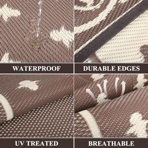 Pauwer Waterproof Outdoor Rug 8x10, Reversible Plastic Straw Patio Camping Rug, Indoor Outdoor RV Mat Carpet for Deck, Camper, Porch, Balcony, Backyard, Picnic, Bordered Brown - color: Bordered Brown, size: 8' x 10' (Rectangular)