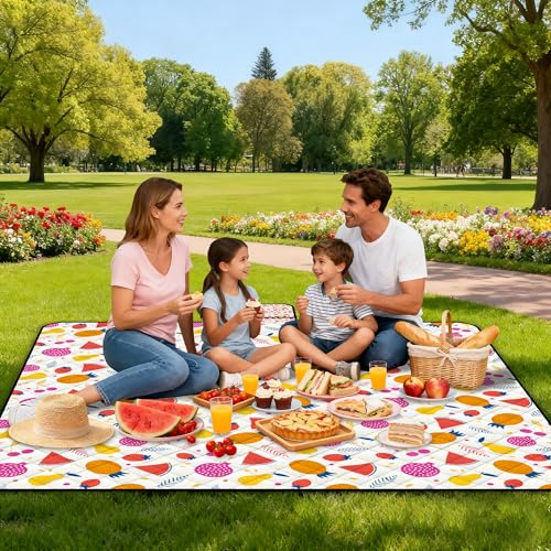 Poedist Extra Large Picnic Blanket Waterproof,80"x 80"Foldable Machine Washable Beach Blanket,Outdoor Blanket for 6-8 Adults,Suitable for Indoor Crawling,Park Beach,Camping,Hiking,Family Travel(Fruit - color: Orange Fruit, size: 6'8" x 6'8" (Square)