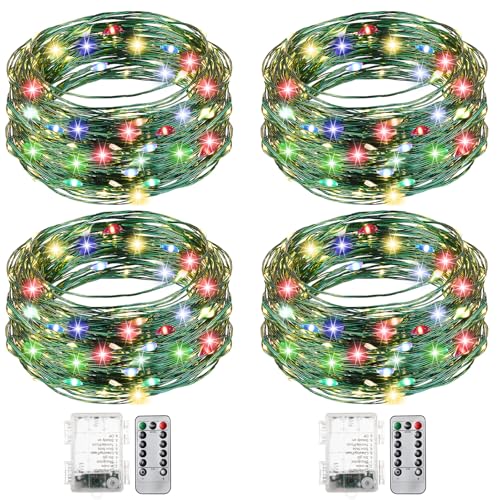 Remagr Fairy String Lights Battery Operated Green Wire LED Waterproof String Lights with Remote 8 Modes for Winter Tree Patio Garden Backyard Home Indoor Outdoor(33ft,Colorful,4 Pack) - color: Colorful, size: 33ft