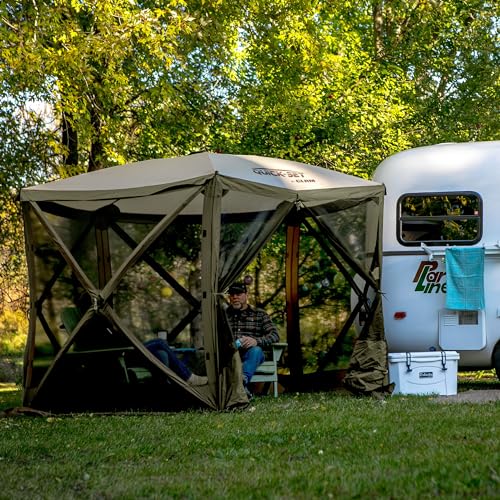 Clam Venture 9' x 9' Pop-Up Screen Tent – Green/Tan Portable 5-Sided Outdoor Gazebo Canopy with Mesh Netting, Carry Bag, Stakes & Tie-Downs – Instant Setup Shelter for Camping, Picnics & Events - color: Green/Tan