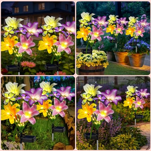 ostritec Solar Garden Lights Outdoor, 4 Pack Flower Lights for Outside, 16 Solar Lilies with Butterflies, Waterproof Garden Decor for Yard, Patio, Gifts for Women Mom (4 pcs Lilies) - style: Lilies-4 Pack