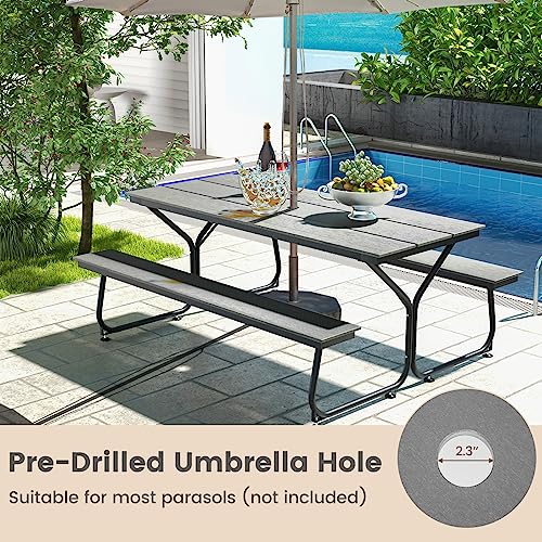 Giantex 6 FT Outdoor Picnic Table Bench Set for 6-8 People, 2400 LBS Capacity Patio Dining Table & 2 Benches with Metal Frame & HDPE, Balcony Conversation Set for Poolside Deck Garden (Gray) - color: Grey