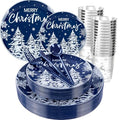 Supernal 150pcs Blue Christmas Plastic Plates - Christmas Party Tableware Set Include Blue Plastic Plates with White Xmas Trees, Heavy Duty Silverware Disposable, Silver Cups for New Year - color: 150pcs Blue and White Christmas Plastic Dinnerware Set