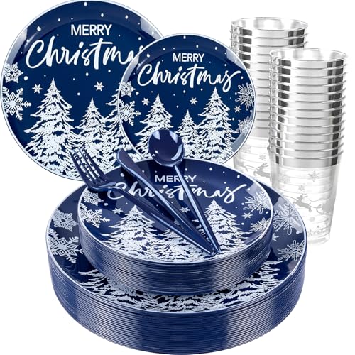 Supernal 150pcs Blue Christmas Plastic Plates - Christmas Party Tableware Set Include Blue Plastic Plates with White Xmas Trees, Heavy Duty Silverware Disposable, Silver Cups for New Year - color: 150pcs Blue and White Christmas Plastic Dinnerware Set