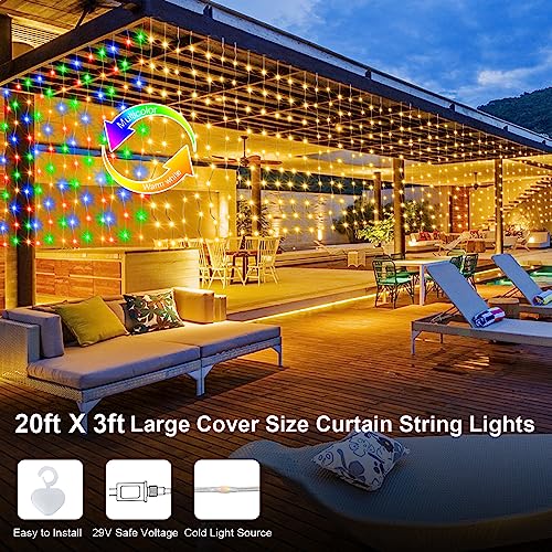ZAIYW Curtain Lights Outdoor 20Ft×3Ft, 300 LED Color Changing Fence String Lights with Plug Remote, Waterproof Light Curtain for Stair Railing Eaves Decor (Warm White & Multicolor) - color: Warm White & Multicolor, size: 20Ft x 3Ft
