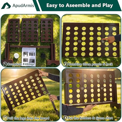 ApudArmis Wooden 4 in a Row Game, Classic Wooden 4-to-Score Game Set with Coins & Carrying Bag-Indoor Outdoor Games for Adults Family