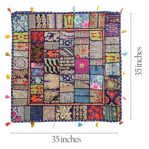 THE ART BOX Cotton Patchwork Vintage Boho Embroidered Floor Pillows & Cushion Cover Dog Pouf Seating Pouf Meditation Pillow Pet Bedding Cat Bed Boho Home Décor (35x35 Inches, Cover Only) - color: Blue