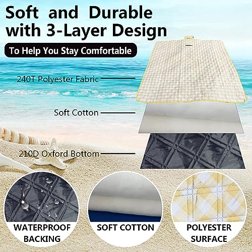 Picnic Blankets Machine Washable, 79''x79'' Extra Large Waterproof Foldable Compact Beach Blankets, Oversized XL Outdoor Mat for Spring Summer Camping, Park, Travel - color: Yellow and White