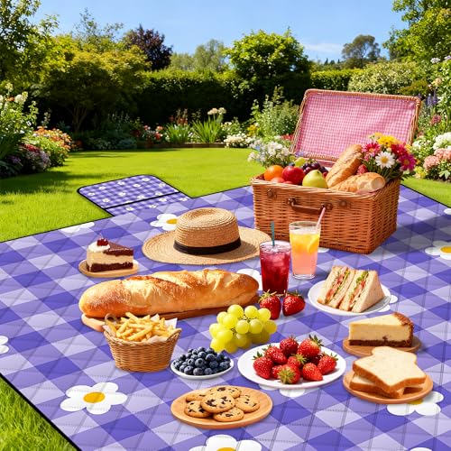 Extra Large Picnic Blanket Waterproof,80"x 80"Foldable Machine Washable Beach Blanket,Outdoor Blanket for 6-8 Adults,Suitable for Indoor Crawling,Park Beach,Camping,Hiking,Family Travel(Purple) - color: Purple Tile, size: 6'8" x 6'8" (Square)