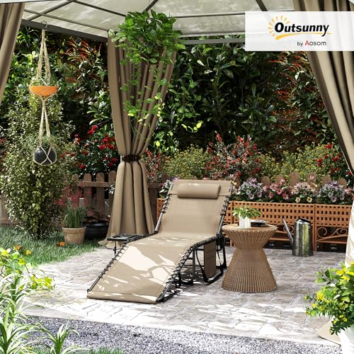 Outsunny Folding Chaise Lounge Chair Outdoor Tanning Chair with Side Table, 5-Level Adjustable Beach Lounge Chair with Headrest, Side Pocket for Patio, Backyard, Beach, Poolside, Beige - color: Beige