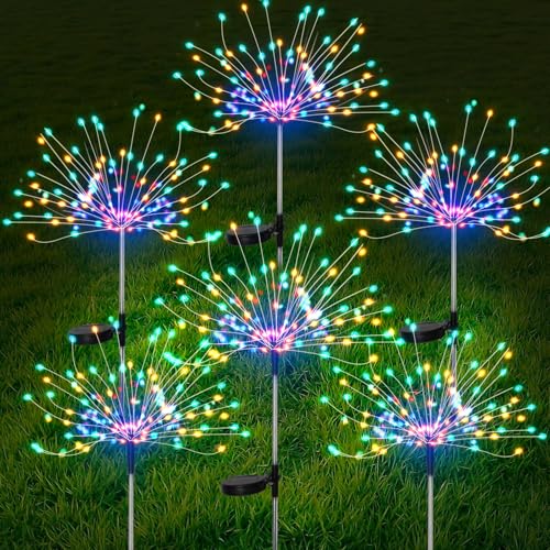 FOOING 6 Pcs Solar Garden Lights Solar Firework Lights, 200 LED String Light 2 Modes Twinkling Nightlight for Outside, Wedding, Party, Patio for Home Decor (Colorful) - style: Colorful 6 pcs-200 LED