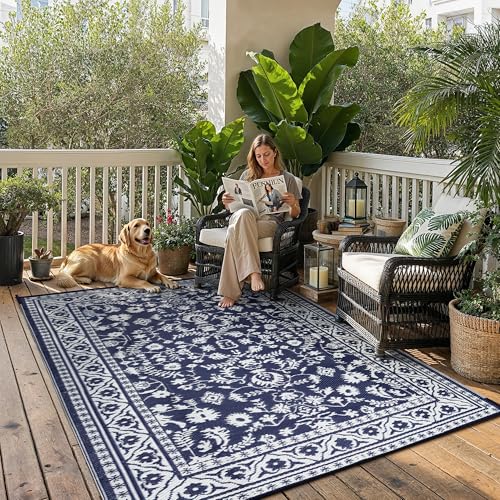 PureCozy Outdoor Waterproof 5x8 Plastic Straw Patio Rug Navy Blue Reversible for Outside Vintage Oriental Carpet Lightweight Large Rug for RV Deck Beach Balcony Picnic Backyard Entry Porch - color: Navy Blue, size: 5' x 8' (Rectangular)