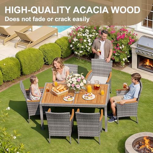 Devoko Dining 7 PCS Furniture, Patio Conversation Set with Acacia Wood Table Top, Outdoor, Beige Cushion and Grey Rattan - color: Grey, style: 7 Piece Dining Set