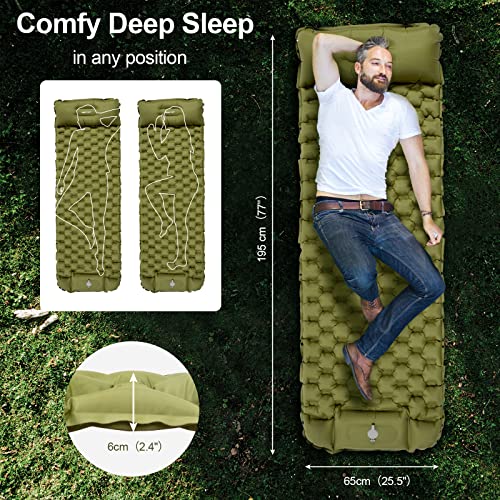 Night Cat Inflatable Sleeping Pads Mat Bed with Pillow Foot Pump for Camping Backpacking Hiking Ultra-Light Compact Comfortable Extendable 77"x25.5" - color: Green, size: Single Sleeping Pad