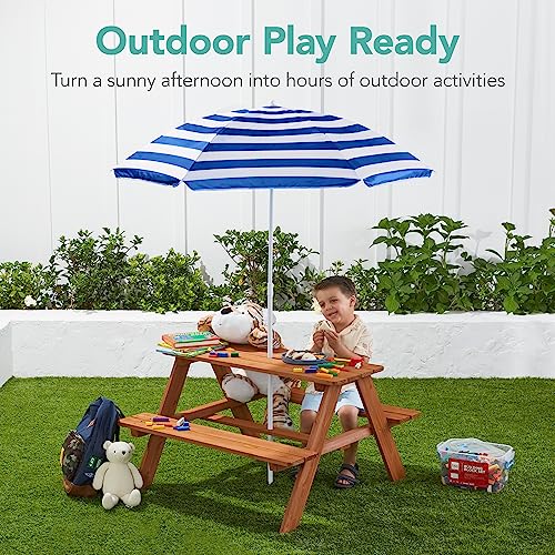 Best Choice Products Wooden Kids Picnic Table with Umbrella, Outdoor Activity Table Set with Built-in Benches, 220 lb Capacity per Bench - Golden Brown/Navy - color: Golden Brown/Navy
