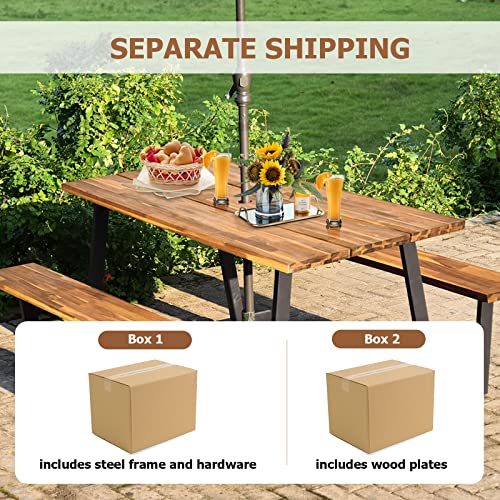 S AFSTAR 70" Outdoor Picnic Table, Heavy Duty Wooden Table and Bench Set with Umbrella Hole, All-Weather Acacia Wood Picnic Tables for 6, Garden, Backyard, Porch, Patio - size: Without Umbrella