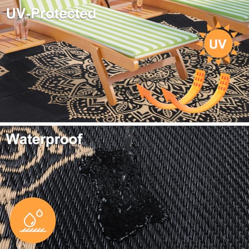 Yamaziot Outdoor Rug 9' x 12', Waterproof Reversible Plastic Straw Rug, Large Outdoor Rugs Mats RV, Picnic, Backyard, Balcony, Porch, Beach, Black Brown - color: Black Brown, size: 9' x 12'