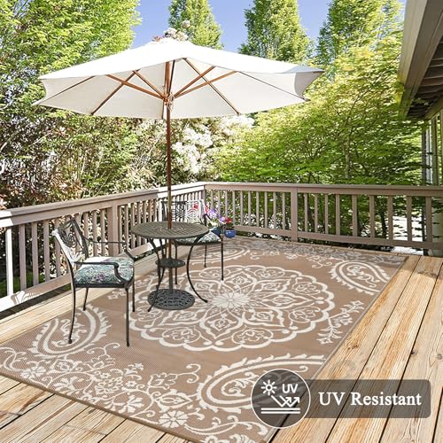 Pauwer Waterproof Outdoor Rug 5x8, Reversible Plastic Straw Patio Camping Rug, Indoor Outdoor RV Mat Carpet for Deck, Camper, Porch, Balcony, Backyard, Picnic, Boho Brown - color: Boho Brown, size: 5' x 8' (Rectangular)