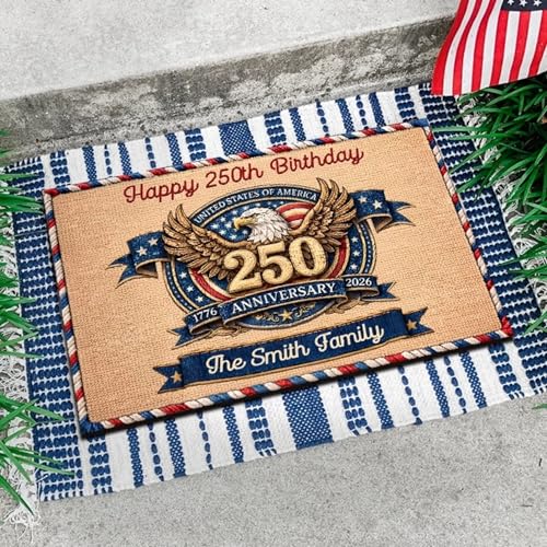 250th Birthday USA Faux Yarn Pattern Personalized Doormat Custom Family Name Patriotic Rug America's 1776–2026 250 Years Anniversary Welcome Door Mat Outdoor Decor for 4th of July Dad Mom - color: Multi 6