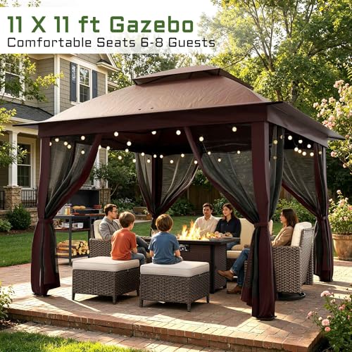11'X11' Gazebo Pop Up with 4 Sidewalls Mosquito Netting, Heavy Duty Patio Gazebo Canopy Tent with Double Air Roofs for Backyards, Patios, Decks, Gardens, Parks - color: Red Top
