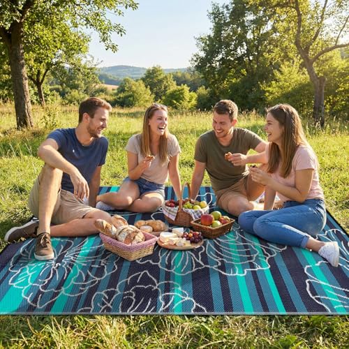 Garvee 5x8 Outdoor Waterproof Rug, Floral Outdoor Area Rug，Reversible Plastic Straw Patio Rug, Portable Camping Mat for RV, Picnic, Beach, Balcony, Garden & Camping Black&Blue - color: Blackblue, size: 5' x 8' (Rectangular)