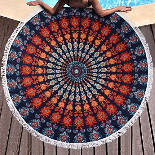 Benefeet Sox Beach Towel Large Round Mandala Pool Towels Tassels Microfiber Quick Dry Beach Blanket Throw Bohemian Roundie Swim Pool Circle Towel, 59 Inches - color: Mandala, Blue Orange