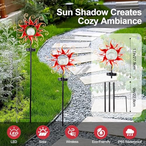 Solar Lights Outdoor Waterproof Red Sun Metal Crackle Glass Stake Decorative for Outside,Yard,Lawn,Patio,Walkway Mothers'Day Gifts Mom Grandma Garden Lover - color: Red