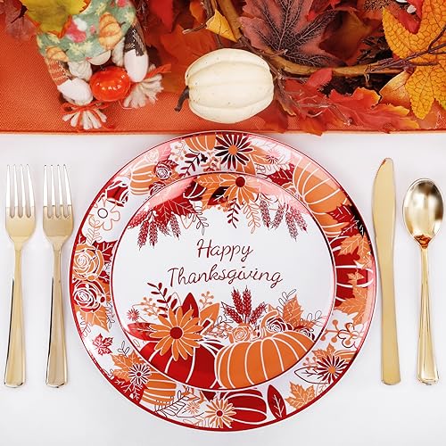 Rubtlamp 60PCS Thanksgiving Plastic Plates, White Orange Pumpkin Plates, Red Disposable Plates with Maple Leaves, Fall Disposable Plates Include 30 Dinner Plates, 30 Salad Plates For Thanksgiving - color: White Orange