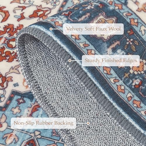 Rugflix 2x6 Runner Rug for Hallway, Washable Kitchen Runner Non Slip, Vintage Low Pile Entryway Carpet, Soft Stain Resistant Long Laundry Room Rug for Stairs, Bedroom, Blue Orange - color: Blue Orange, size: 2' x 6' (Runner)