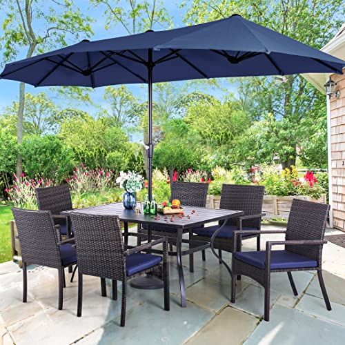 PHI VILLA 7 Piece Patio Dining Furniture Set with Umbrella, 60” Rectangular Metal Dining Table & 6 Cushioned Rattan Wicker Chairs & 13ft Large Blue Umbrella for Outdoor, Deck, Yard, Porch - color: Navy Blue, size: 7 PCS 60" Steel Table