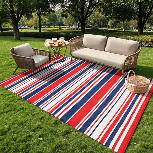 GarveeHome 10x20 Colorful Outdoor Large Rug Waterproof Modern Striped Reversible Plastic Straw Mat Lightweight Portable Picnic Carpet Mat for Camping RV Porch Deck Balcony Backyard, Red Navy White - color: Geometric Stripes| Red Navy White, size: 10' x 20