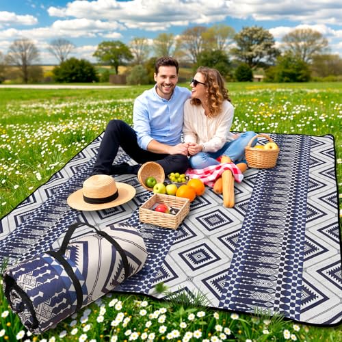 SAMSIER Large Outdoor Picnic Blankets Waterproof Foldable, Beach Blanket Sandproof Portable, Picnic Mat Washable for Camping (80"×80", Thickened) - color: Deep Blue, size: 6'8" x 6'8" (Square)