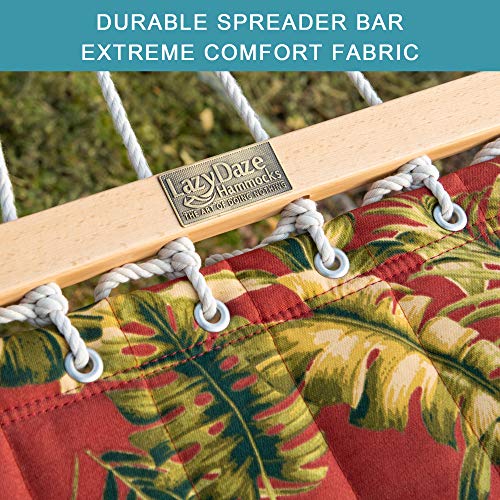 Lazy Daze Hammocks 12FT Quilted Fabric Hammock with Soft Pillow, Double 2 Person Tree Hammock with Spreader Bar for Outside Patio Poolside Backyard Beach, 450 lbs Capacity, Red Leaf - color: Floral Red
