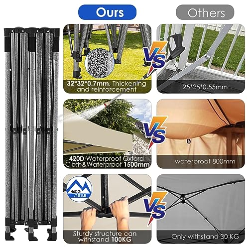 COBIZI 10x20 Heavy Duty Pop up Canopy Tent Easy Up Commercial Outdoor Canopy Wedding Party Tents for Parties All Season Wind & Waterproof Gazebo with Roller Bag,Khaki(Frame Thickened) - color: Khaki, size: 10x20 Without Sidewalls