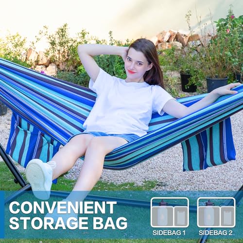 PNAEUT Double Hammocks with Stand for Outside, Portable Space Saving Heavy-Duty Steel Stand for Indoor Outdoor Patio with Carrying Bag, 450 lbs Capacity (Blue Lagoon) - color: Blue Lagoon