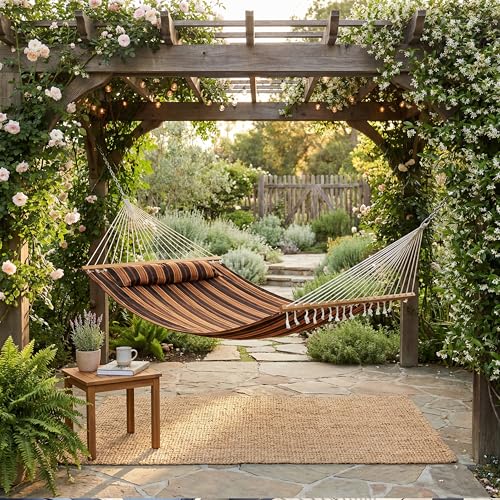 Sunnydaze Quilted Double Hammock for Outside with Spreader Bars and Pillow - 450 lb Capacity, 74x55 Inch Bed, UV Resistant, Quick Dry - Chains Included, Stand Sold Separately - Woodland Stripe - color: Woodland Stripe