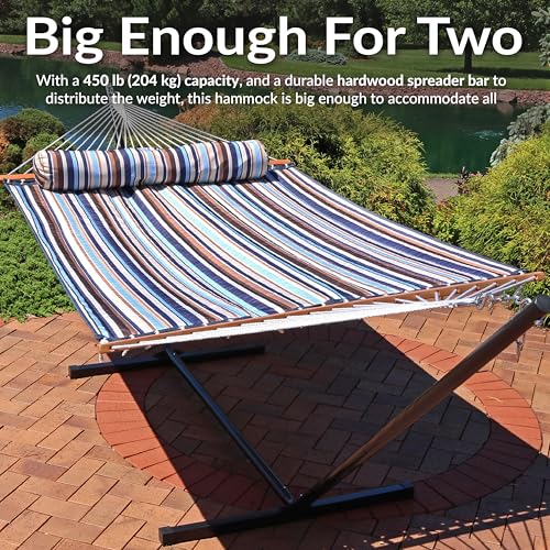 Sunnydaze Quilted Double Hammock for Outside with Spreader Bars and Pillow - 450 lb Capacity, 74x55 Inch Bed, UV Resistant, Quick Dry - Chains Included, Stand Sold Separately - Ocean Isle - color: Ocean Isle