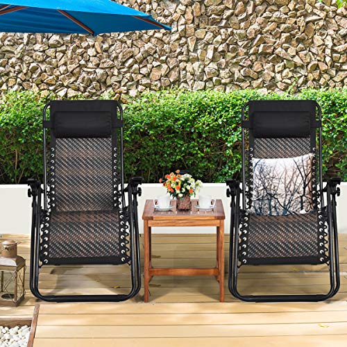 COSTWAY 2PCS Zero Gravity Lounge Chairs, Patio Rattan Recliner with Pillow, Lockable, Foldable & Lightweight, Suitable for Outdoor Use (Mix Brown) - color: Mix Brown