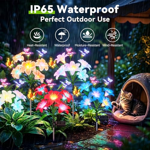 Solar Garden Lights Outdoor, 4 Pack Lily Solar Flowers with Butterfly, 32 LED 800mAh Waterproof Solar Flowers for Outside, 7 Color Changing Adjustable Stems for Yard Patio Garden Decor, Gift for Mom - size: Lilies Flowers - 4pc-A