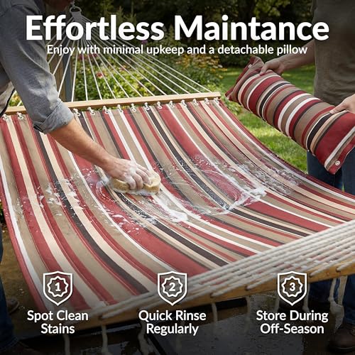 Sunnydaze Quilted Double Hammock for Outside with Spreader Bars and Pillow - 450 lb Capacity, 74x55 Inch Bed, UV Resistant, Quick Dry - Chains Included, Stand Sold Separately - Awning Stripe - color: Awning Stripe