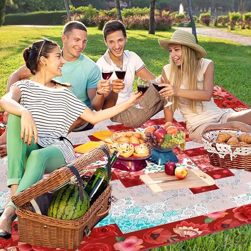 Supfitness Extra Large Picnic Blankets Waterproof Foldable (80 "x 80") Beach Blanket Waterproof Sandproof,3-Layer Thicking Mat Outdoor Packable Camping Blanket - color: Flower-8, size: 6'8" x 6'8" (Square)