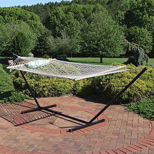 Sunnydaze Rope Hammock with Stand for Outside - Heavy Duty Freestanding Portable Outdoor Hammock Set with Quilted Pad, Pillow, and 12-Foot Steel Frame - 275 lb Capacity - Blue & Green Chevron - color: Blue & Green Chevron