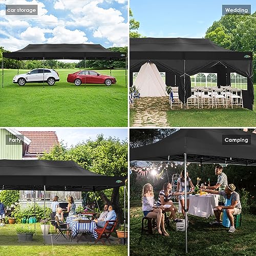 COBIZI 10x30 Heavy Duty Pop up Canopy with 8 sidewalls Party Tent for Parties Weddings Events UPF 50+ Waterproof Commercial Gazebo with Roller Bag, Black(Frame Thickened) - color: Black, size: 10x30 With 8 Sidewalls